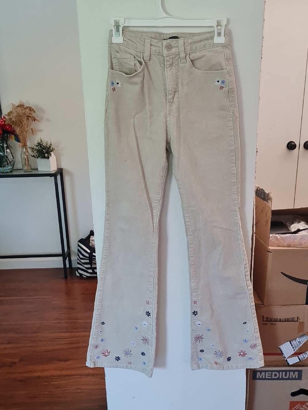 Forever 21 Beige/Cream Corduroy Flare Pants with Floral Embroidery